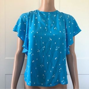 Loft Baby Blue White Flutter Sleeves Top Tie Back Blouse XXSP Petite XXS